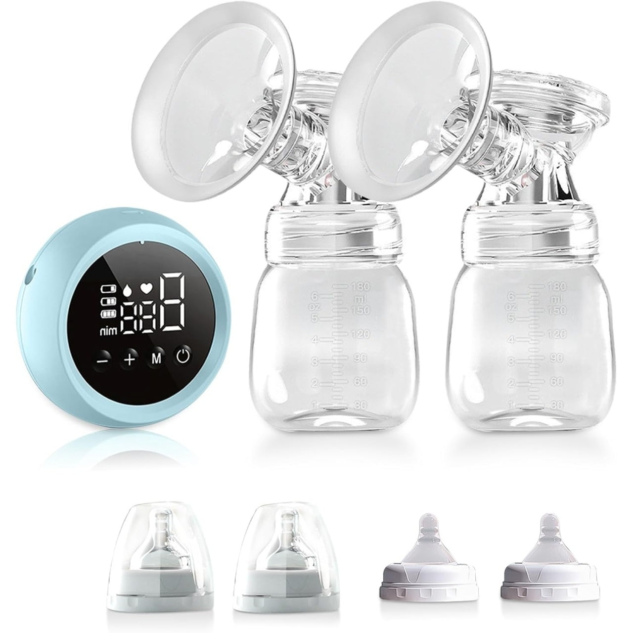 Pompa de San Electrica 2 in 1, cu 2 Biberoane, Capacitate 180 ml, Incarcare USB Tip C, 1200 mAh, 2 Moduri, 9 Viteze, Albastru Transparent