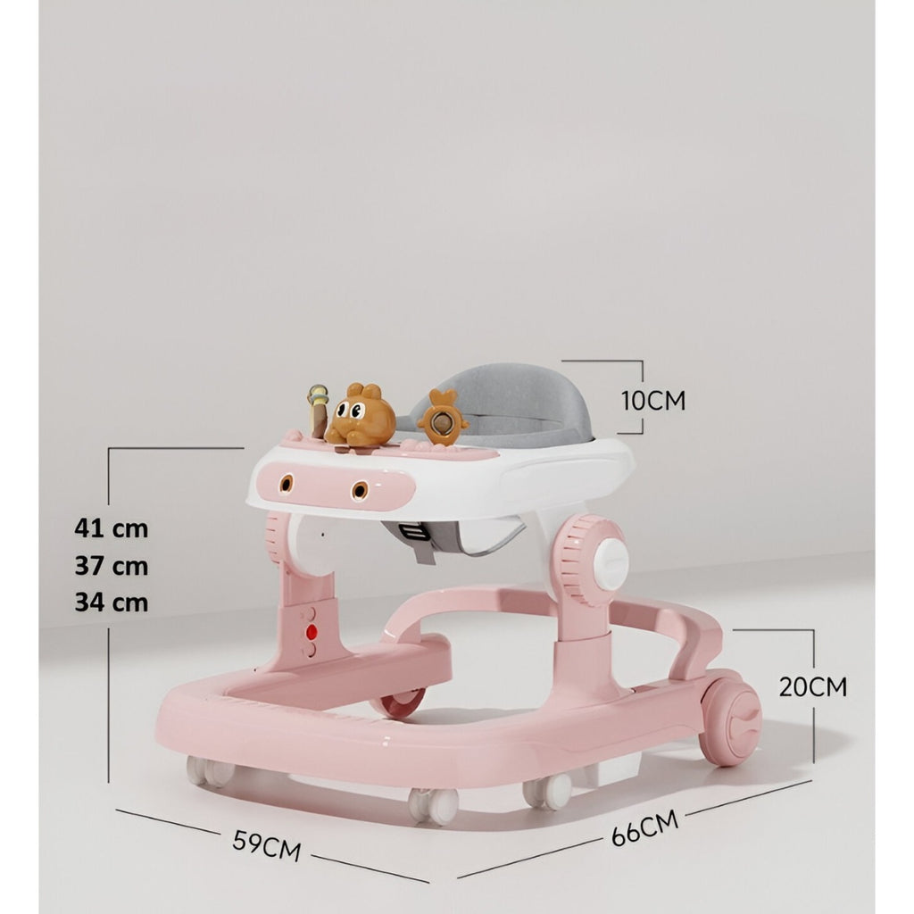 Premergator Multifunctional cu Roti Model Iepuras, Inaltime Ajustabila, Tavita, Muzica, Lumini, 66x59x41 cm, Roz