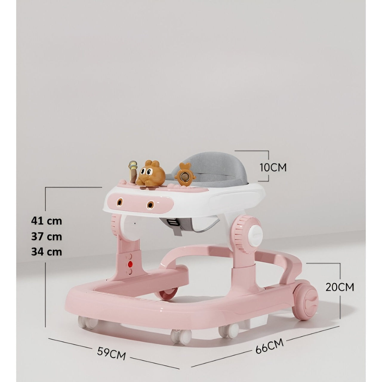 Premergator Multifunctional cu Roti Model Iepuras, Inaltime Ajustabila, Tavita, Muzica, Lumini, 66x59x41 cm, Roz
