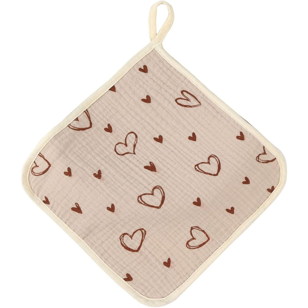Prosop Absorbant, din Bumbac, 25 x 25 cm, Model Inimioare, cu Agatatoare, Bej