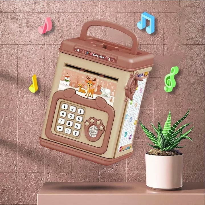 Pusculita pentru Copii, pusculita pentru economii SMART BOX cu efecte sonore, Tip ATM, cu Parola cu Amprenta, din plastic, 20 x 13.5 x 11.5 cm Roz