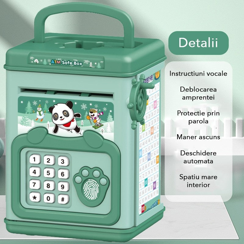 Pusculita pentru Copii, pusculita pentru economii SMART BOX cu efecte sonore, Tip ATM, cu Parola cu Amprenta, din plastic, 20 x 13.5 x 11.5 cm Verde