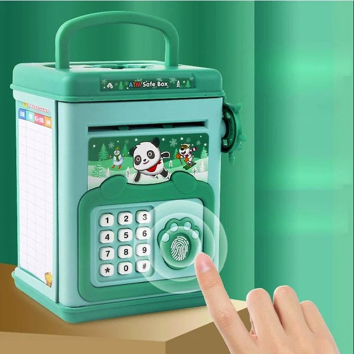 Pusculita pentru Copii, pusculita pentru economii SMART BOX cu efecte sonore, Tip ATM, cu Parola cu Amprenta, din plastic, 20 x 13.5 x 11.5 cm Verde