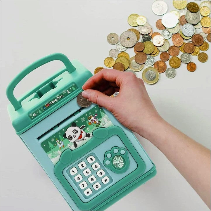 Pusculita pentru Copii, pusculita pentru economii SMART BOX cu efecte sonore, Tip ATM, cu Parola cu Amprenta, din plastic, 20 x 13.5 x 11.5 cm Verde