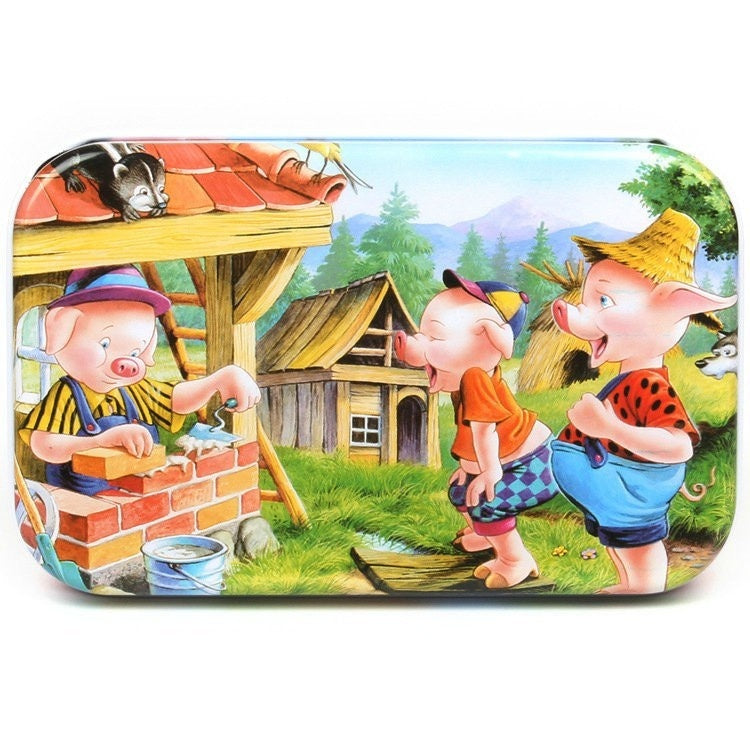 Puzzle 60 de Piese din Lemn in Cutie Metalica, Model Cei Trei Purcelusi, Educativ, Dezvoltare Abilitati Cognitive, pentru Prescolari, 22.5x13.5 cm, Multicolor