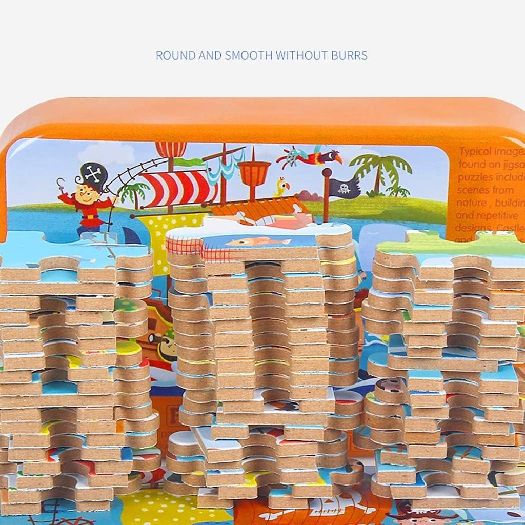 Puzzle 60 de Piese din Lemn in Cutie Metalica, Model Cei Trei Purcelusi, Educativ, Dezvoltare Abilitati Cognitive, pentru Prescolari, 22.5x13.5 cm, Multicolor