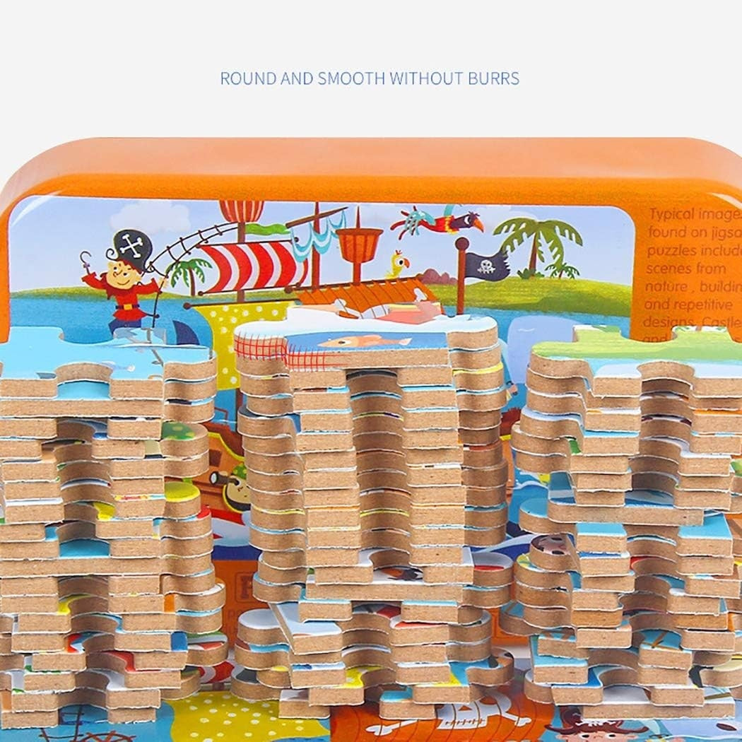 Puzzle 60 de Piese din Lemn in Cutie Metalica, Model Cei Trei Purcelusi, Educativ, Dezvoltare Abilitati Cognitive, pentru Prescolari, 22.5x13.5 cm, Multicolor