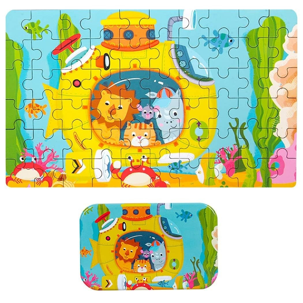 Puzzle 60 de Piese din Lemn in Cutie Metalica, Model Submarin, Educativ, Dezvoltare Abilitati Cognitive, pentru Prescolari, 22.5x13.5 cm