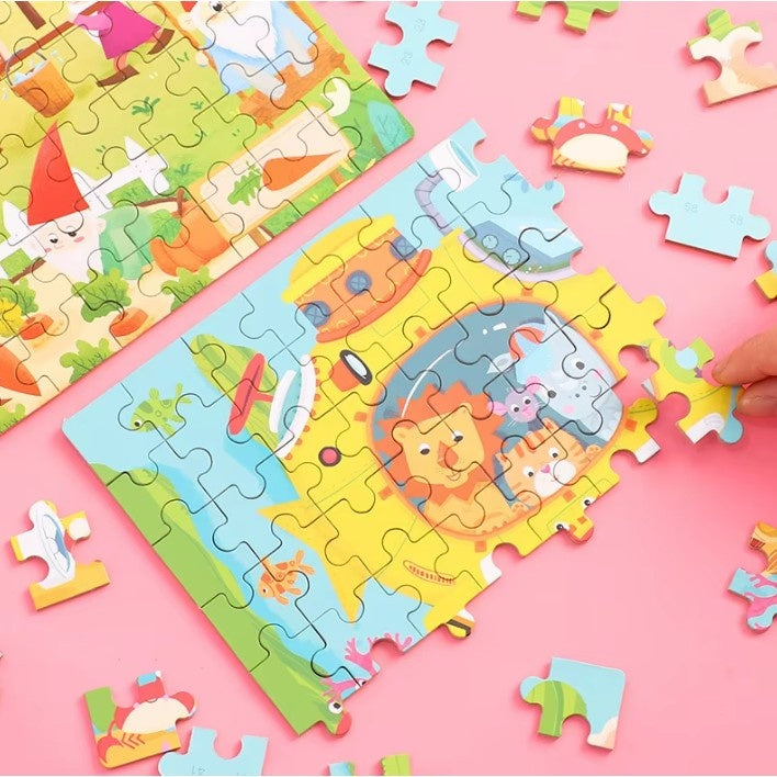 Puzzle 60 de Piese din Lemn in Cutie Metalica, Model Submarin, Educativ, Dezvoltare Abilitati Cognitive, pentru Prescolari, 22.5x13.5 cm
