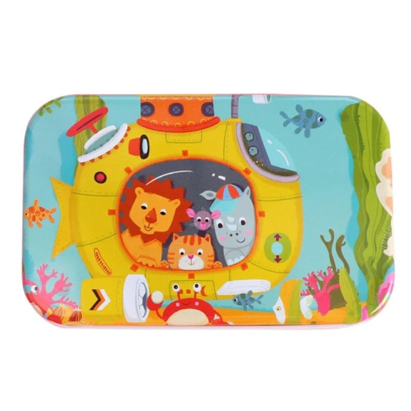 Puzzle 60 de Piese din Lemn in Cutie Metalica, Model Submarin, Educativ, Dezvoltare Abilitati Cognitive, pentru Prescolari, 22.5x13.5 cm