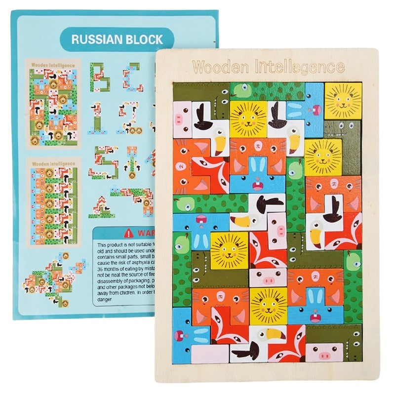 Puzzle din Lemn Tip Tetris, +4 Ani, cu Animale Colorate 3D, 40 Piese, Multicolor