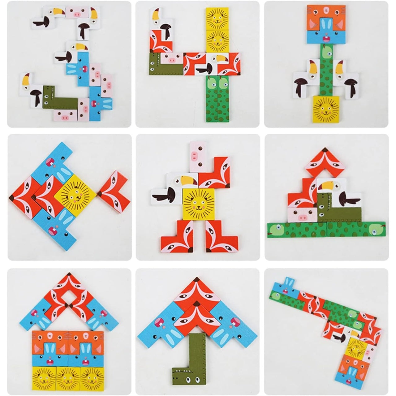 Puzzle din Lemn Tip Tetris, +4 Ani, cu Animale Colorate 3D, 40 Piese, Multicolor