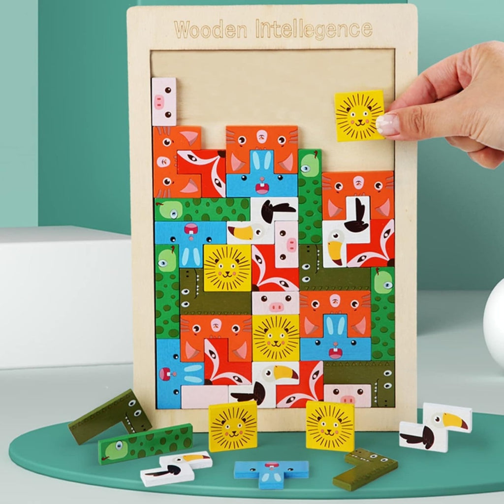 Puzzle din Lemn Tip Tetris, +4 Ani, cu Animale Colorate 3D, 40 Piese, Multicolor