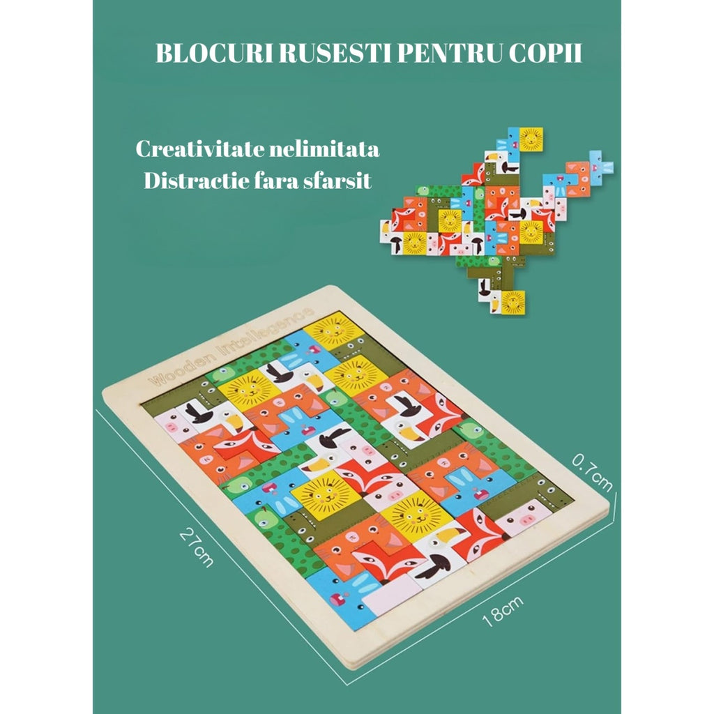 Puzzle din Lemn Tip Tetris, +4 Ani, cu Animale Colorate 3D, 40 Piese, Multicolor