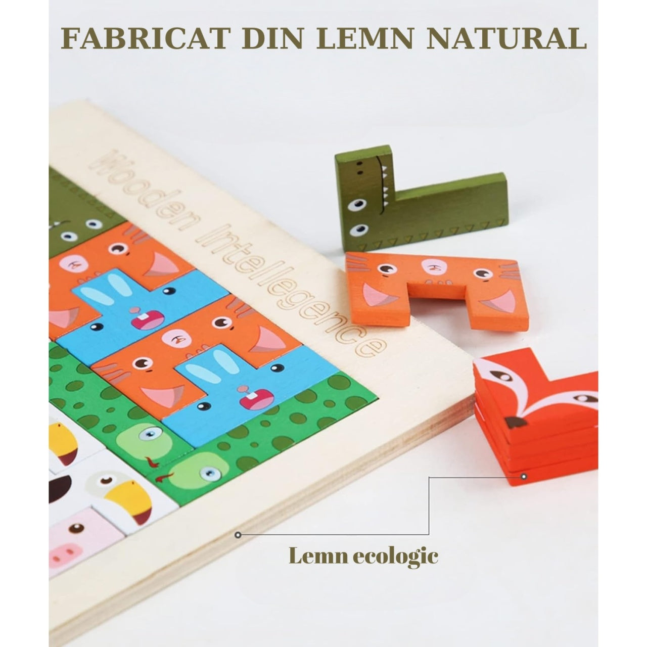 Puzzle din Lemn Tip Tetris, +4 Ani, cu Animale Colorate 3D, 40 Piese, Multicolor