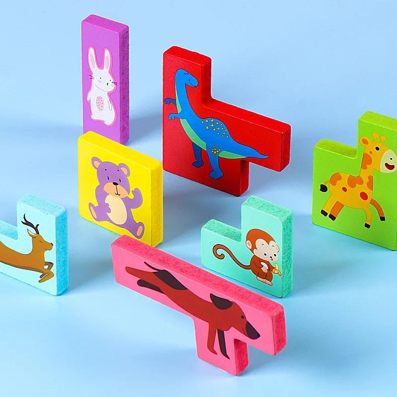 Puzzle din Lemn , Tip Tetris, +4 Ani, cu Animale Colorate 3D, 7 Piese, Multicolor