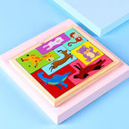 Puzzle din Lemn , Tip Tetris, +4 Ani, cu Animale Colorate 3D, 7 Piese, Multicolor