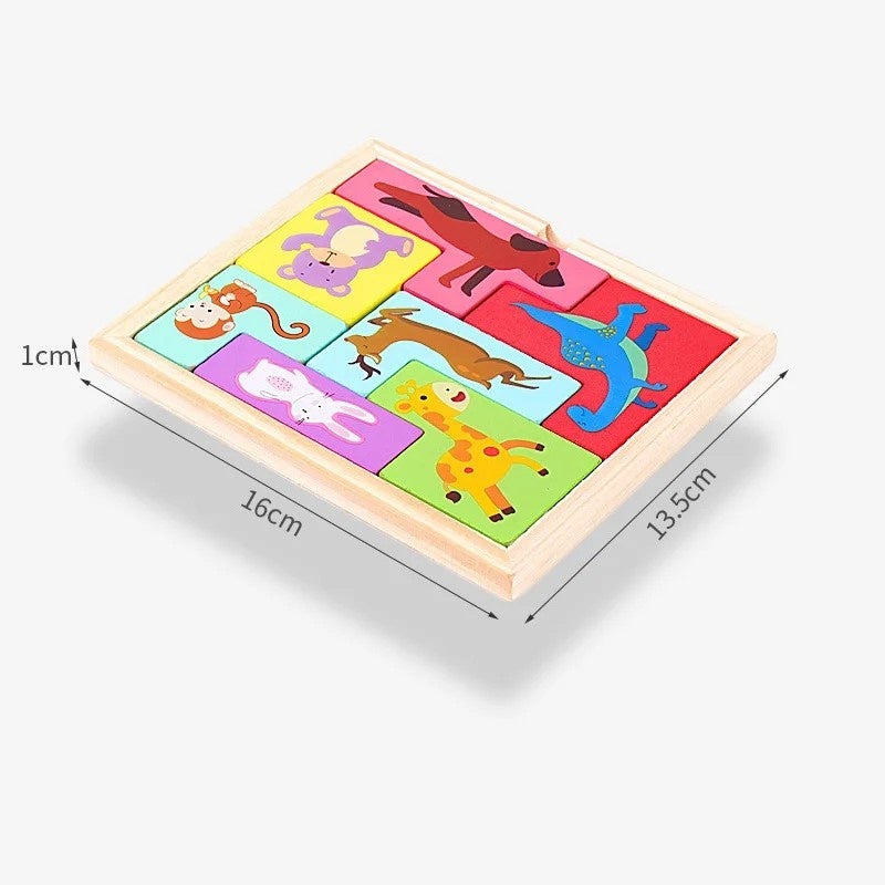 Puzzle din Lemn , Tip Tetris, +4 Ani, cu Animale Colorate 3D, 7 Piese, Multicolor
