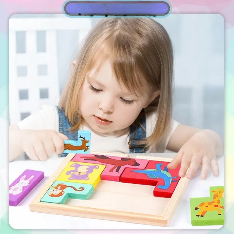 Puzzle din Lemn , Tip Tetris, +4 Ani, cu Animale Colorate 3D, 7 Piese, Multicolor