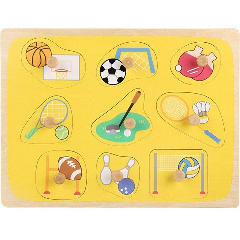 Puzzle Montessori din Lemn pentru Copii, 0-3 Ani, 3D, Model Sporturi, Educativ, Intuitiv, Creativ, 9 Piese, 30x22.5x0.8 cm, Multicolor