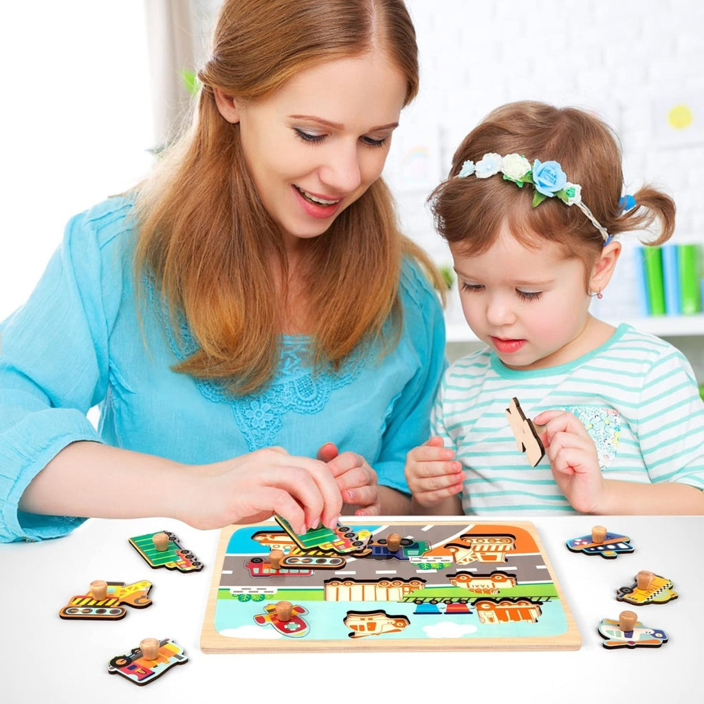 Puzzle Montessori din Lemn pentru Copii, 0-3 Ani, 3D, Model Transporturi, Educativ, Intuitiv, Creativ, 9 Piese, 30x22.5x0.8 cm, Multicolor