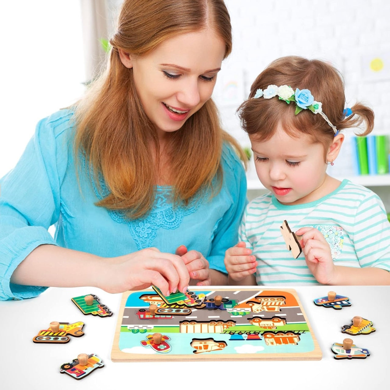 Puzzle Montessori din Lemn pentru Copii, 0-3 Ani, 3D, Model Transporturi, Educativ, Intuitiv, Creativ, 9 Piese, 30x22.5x0.8 cm, Multicolor