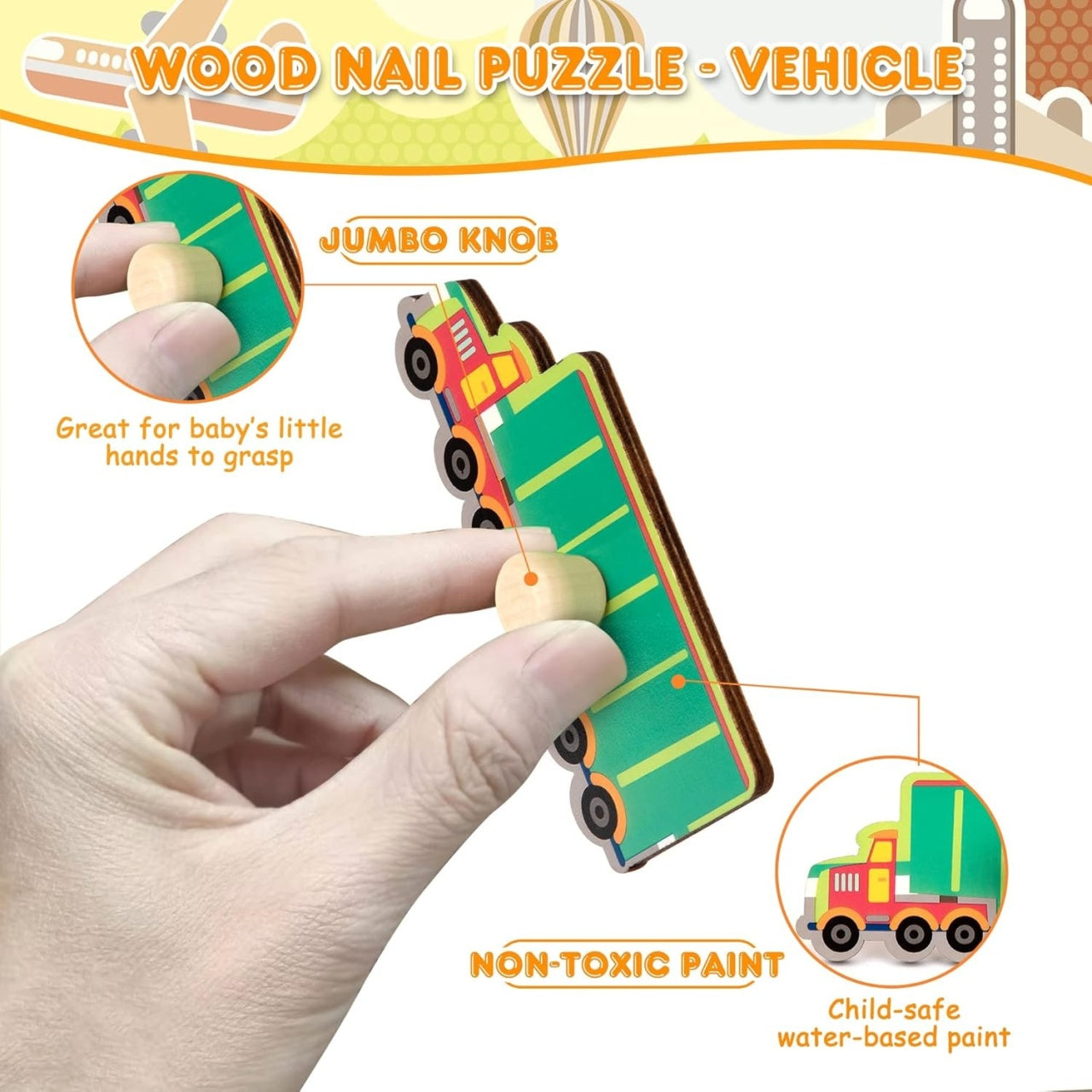 Puzzle Montessori din Lemn pentru Copii, 0-3 Ani, 3D, Model Transporturi, Educativ, Intuitiv, Creativ, 9 Piese, 30x22.5x0.8 cm, Multicolor