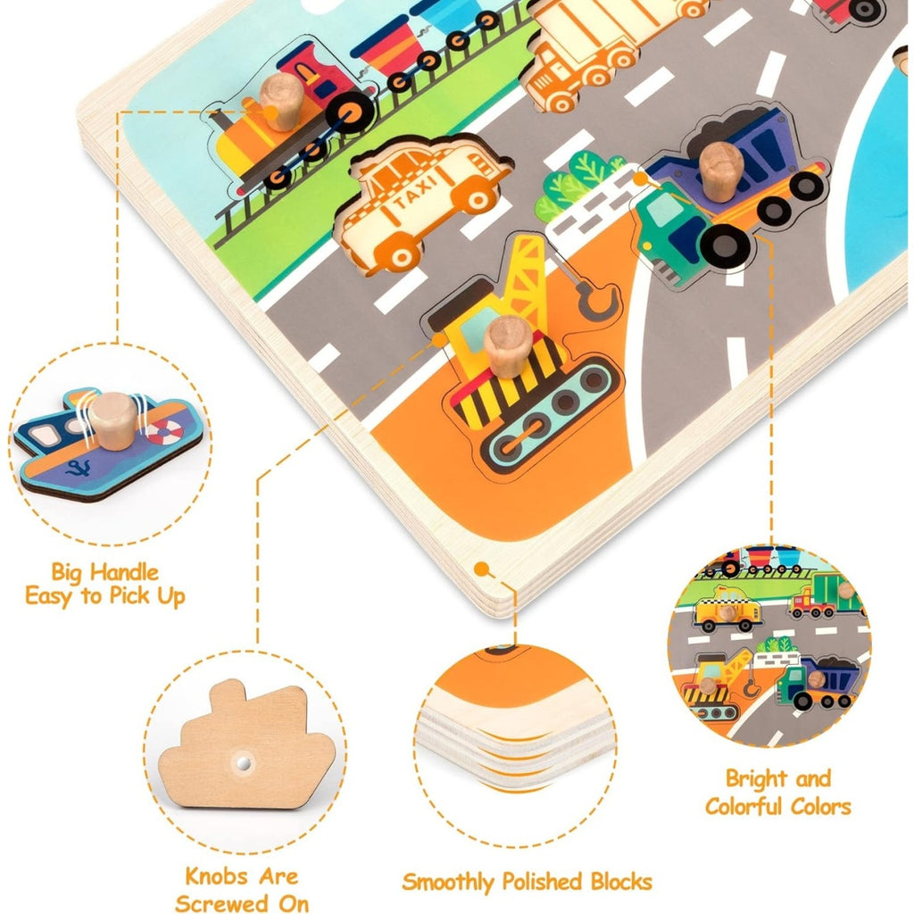 Puzzle Montessori din Lemn pentru Copii, 0-3 Ani, 3D, Model Transporturi, Educativ, Intuitiv, Creativ, 9 Piese, 30x22.5x0.8 cm, Multicolor