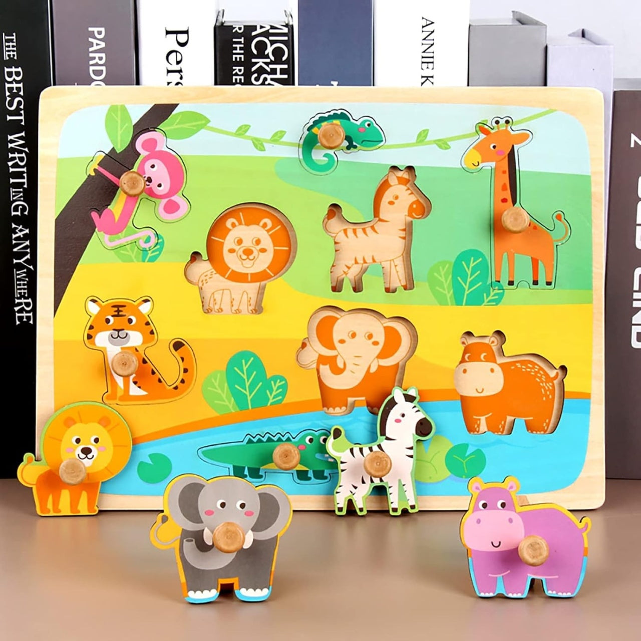 Puzzle Montessori din Lemn pentru Copii, 0-3 Ani, Model Animale din Jungla, Educativ, Intuitiv, Creativ, 9 Piese, 30x22.5x0.8 cm, Multicolor