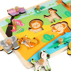 Puzzle Montessori din Lemn pentru Copii, 0-3 Ani, Model Animale din Jungla, Educativ, Intuitiv, Creativ, 9 Piese, 30x22.5x0.8 cm, Multicolor
