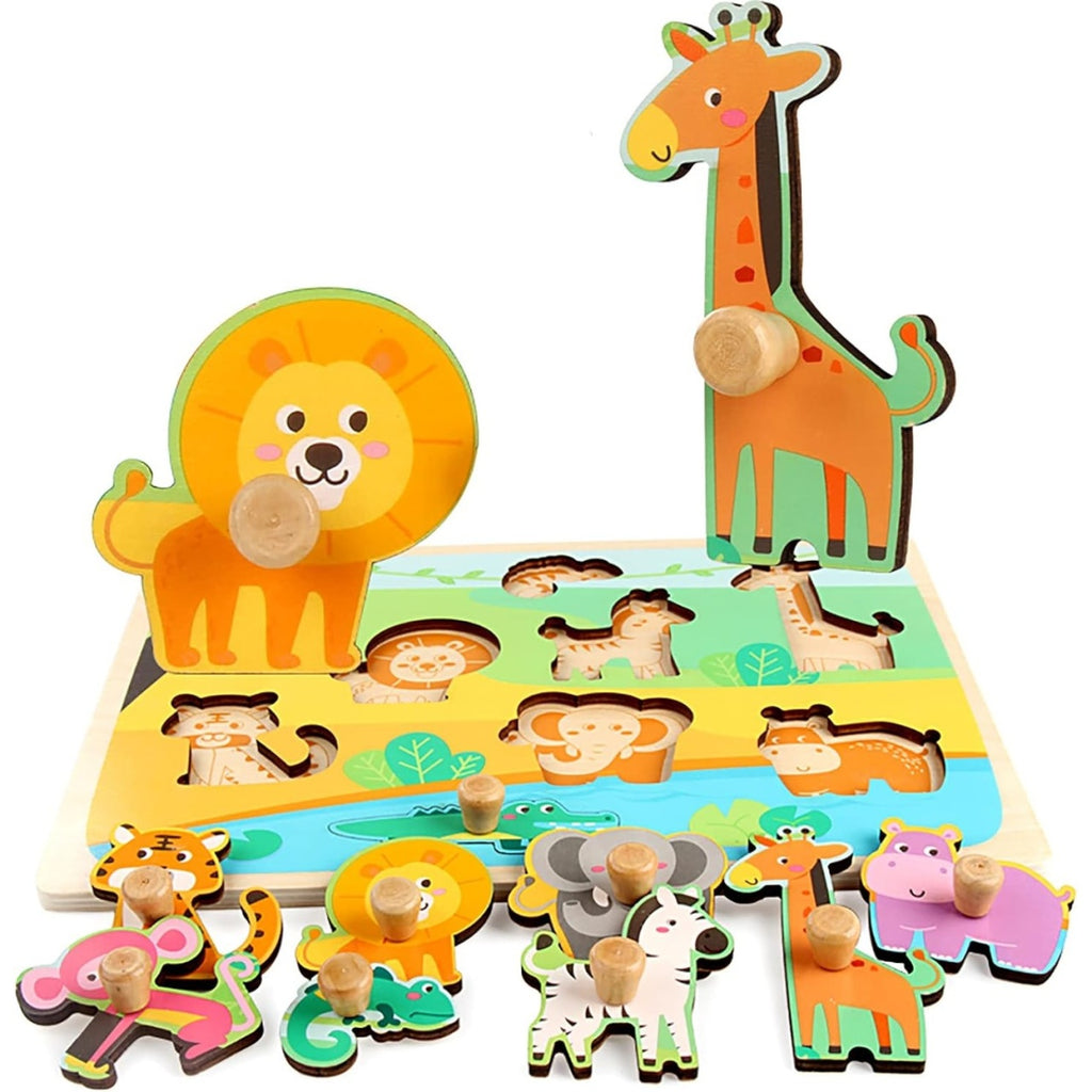 Puzzle Montessori din Lemn pentru Copii, 0-3 Ani, Model Animale din Jungla, Educativ, Intuitiv, Creativ, 9 Piese, 30x22.5x0.8 cm, Multicolor