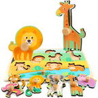 Puzzle Montessori din Lemn pentru Copii, 0-3 Ani, Model Animale din Jungla, Educativ, Intuitiv, Creativ, 9 Piese, 30x22.5x0.8 cm, Multicolor