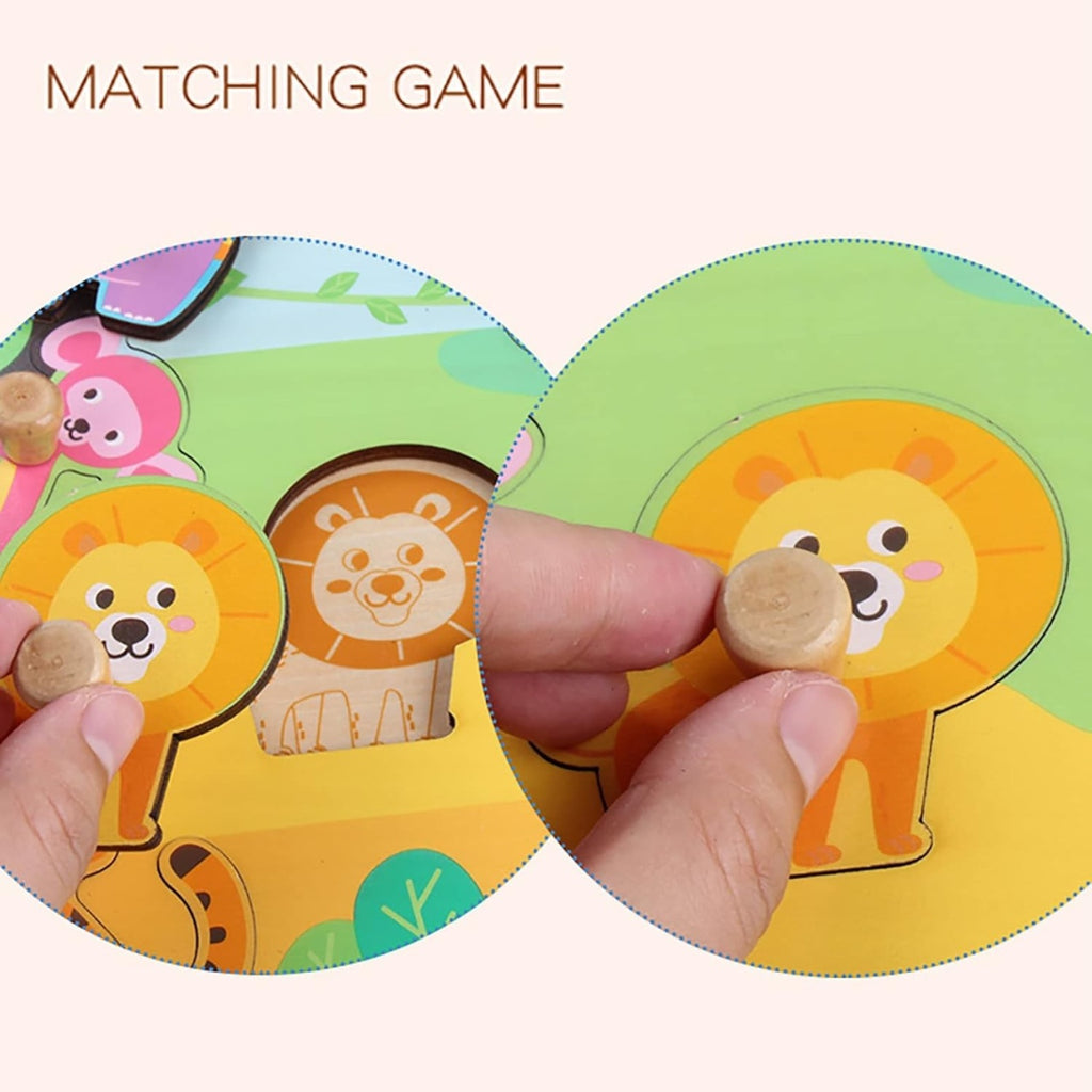 Puzzle Montessori din Lemn pentru Copii, 0-3 Ani, Model Animale din Jungla, Educativ, Intuitiv, Creativ, 9 Piese, 30x22.5x0.8 cm, Multicolor