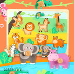 Puzzle Montessori din Lemn pentru Copii, 0-3 Ani, Model Animale din Jungla, Educativ, Intuitiv, Creativ, 9 Piese, 30x22.5x0.8 cm, Multicolor
