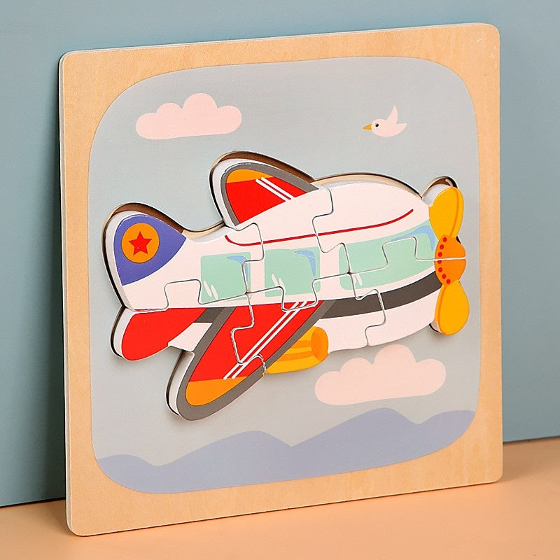 Puzzle Montessori din Lemn pentru Copii, 3D, 0-3 Ani, Model Avion, Educativ, Intuitiv, Creativ, 6 Piese, 15x15x0.5 cm, Multicolor
