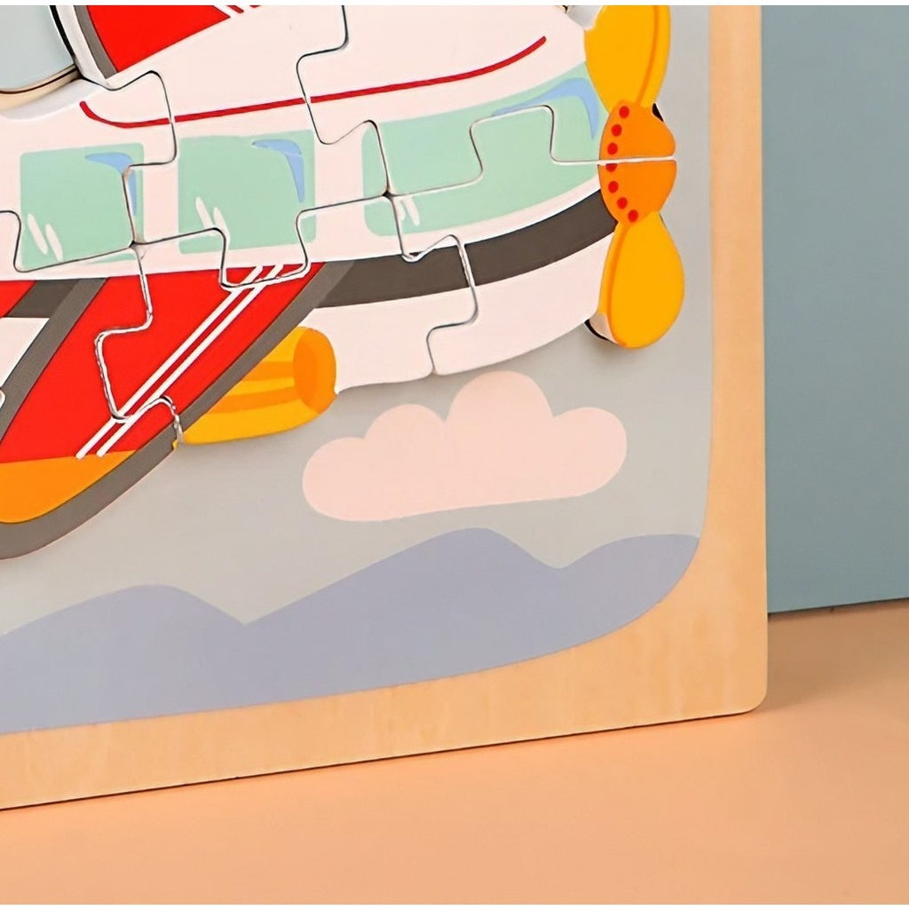 Puzzle Montessori din Lemn pentru Copii, 3D, 0-3 Ani, Model Avion, Educativ, Intuitiv, Creativ, 6 Piese, 15x15x0.5 cm, Multicolor