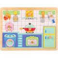 Puzzle Montessori din Lemn pentru Copii, 3D, 0-3 Ani, Model Bucatarie, 10 Piese, 30x22.5x0.8 cm, Multicolor