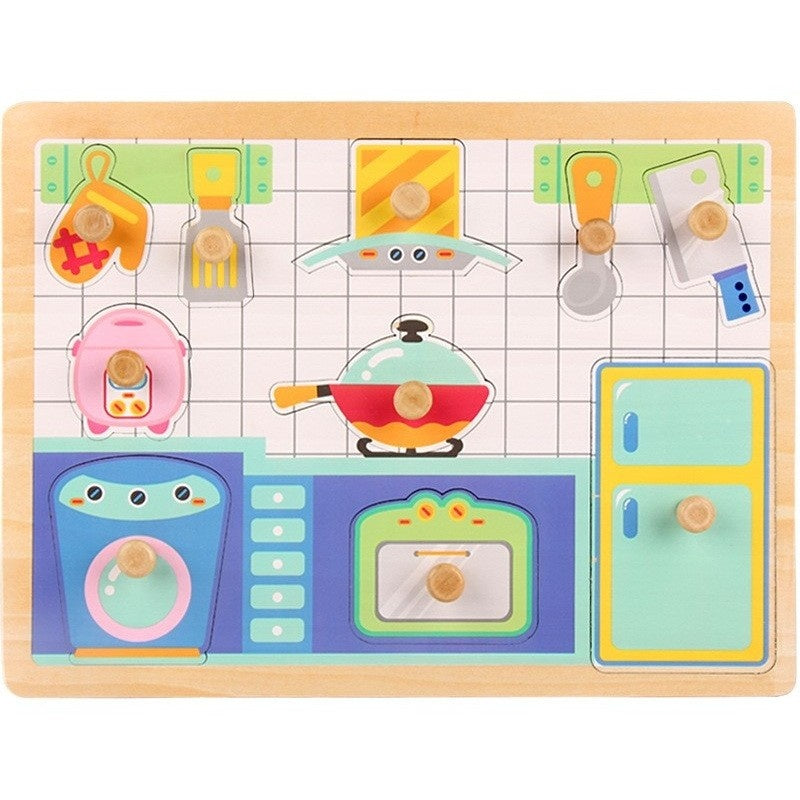 Puzzle Montessori din Lemn pentru Copii, 3D, 0-3 Ani, Model Bucatarie, 10 Piese, 30x22.5x0.8 cm, Multicolor