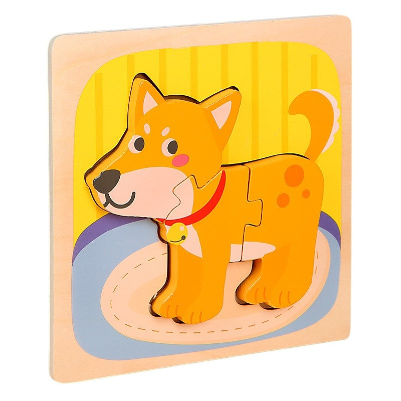 Puzzle Montessori din Lemn pentru Copii, 3D, 0-3 Ani, Model Catel, Educativ, Intuitiv, Creativ, 3 Piese, 15x15x0.5 cm, Multicolor