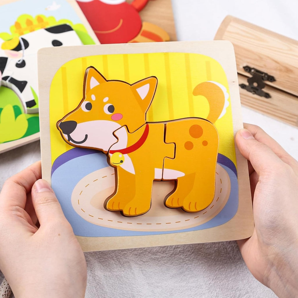 Puzzle Montessori din Lemn pentru Copii, 3D, 0-3 Ani, Model Catel, Educativ, Intuitiv, Creativ, 3 Piese, 15x15x0.5 cm, Multicolor