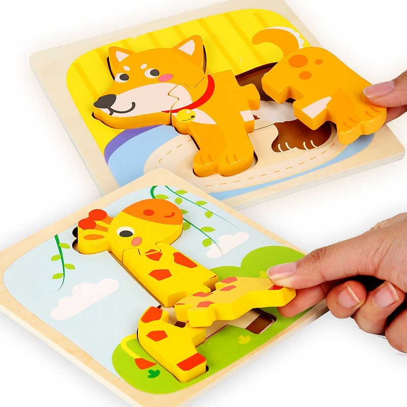 Puzzle Montessori din Lemn pentru Copii, 3D, 0-3 Ani, Model Catel, Educativ, Intuitiv, Creativ, 3 Piese, 15x15x0.5 cm, Multicolor
