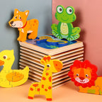 Puzzle Montessori din Lemn pentru Copii, 3D, 0-3 Ani, Model Catel, Educativ, Intuitiv, Creativ, 3 Piese, 15x15x0.5 cm, Multicolor