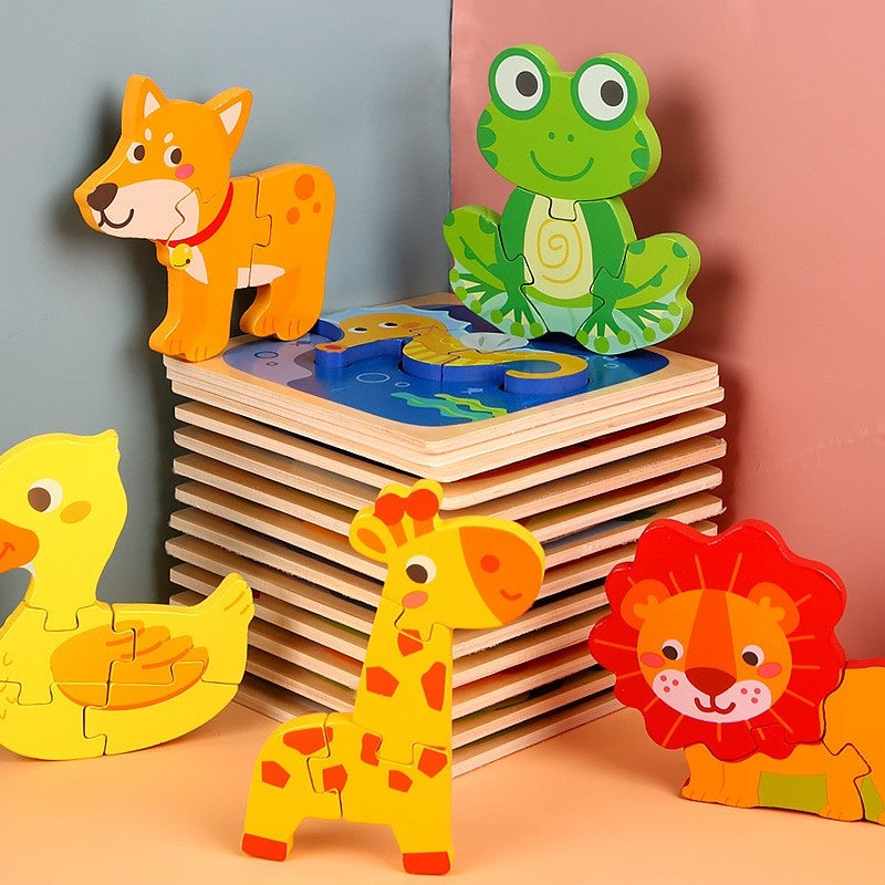 Puzzle Montessori din Lemn pentru Copii, 3D, 0-3 Ani, Model Catel, Educativ, Intuitiv, Creativ, 3 Piese, 15x15x0.5 cm, Multicolor
