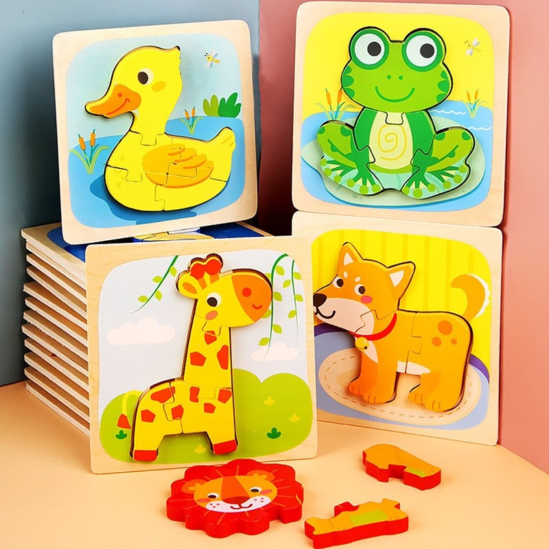 Puzzle Montessori din Lemn pentru Copii, 3D, 0-3 Ani, Model Catel, Educativ, Intuitiv, Creativ, 3 Piese, 15x15x0.5 cm, Multicolor