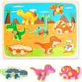 Puzzle Montessori din Lemn pentru Copii, 3D, 0-3 Ani, Model Dinozauri, 8 Piese, 30x22.5x0.8 cm, Multicolor