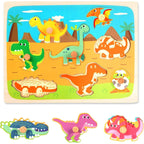 Puzzle Montessori din Lemn pentru Copii, 3D, 0-3 Ani, Model Dinozauri, 8 Piese, 30x22.5x0.8 cm, Multicolor