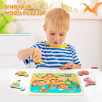Puzzle Montessori din Lemn pentru Copii, 3D, 0-3 Ani, Model Dinozauri, 8 Piese, 30x22.5x0.8 cm, Multicolor