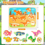 Puzzle Montessori din Lemn pentru Copii, 3D, 0-3 Ani, Model Dinozauri, 8 Piese, 30x22.5x0.8 cm, Multicolor