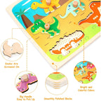 Puzzle Montessori din Lemn pentru Copii, 3D, 0-3 Ani, Model Dinozauri, 8 Piese, 30x22.5x0.8 cm, Multicolor