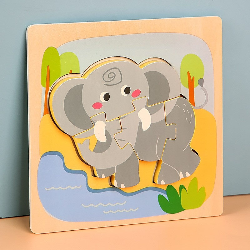 Puzzle Montessori din Lemn pentru Copii, 3D, 0-3 Ani, Model Elefant, Educativ, Intuitiv, Creativ, 4 Piese, 15x15x0.5 cm, Multicolor